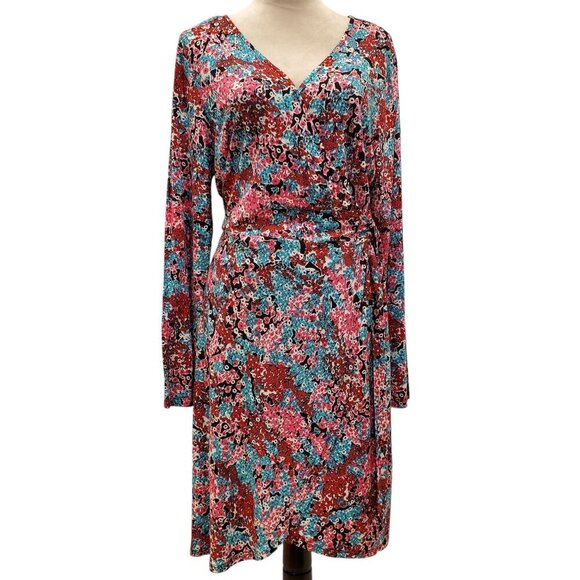 NWT PARAPHRASE SZ XL Floral wrap style Rayon Stretch V-neck Red Pink Blue Dress - Picture 2 of 9